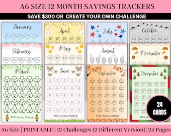 Monthly Savings Challenge Trackers | A6 Mini Savings Challenge Bundle | Savings Challenge Printable | Kids Savings Challenge| Set of 24