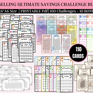 May include: A printable set of 110 savings challenge cards in various colors and designs. The cards feature different amounts to save, from $1 to $1000, and include monthly and seasonal themes. The cards are 3 inches by 6 inches and are designed to help people save money.