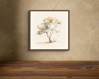 May include: A framed watercolor painting of a tree with a light brown trunk and green leaves against a white background.