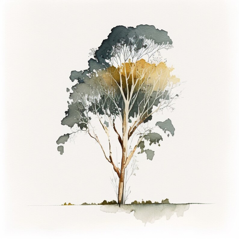 Puede incluir: Pintura acuarela de un solo &aacute;rbol con un tronco y ramas de color marr&oacute;n claro. Las hojas son una mezcla de verde oscuro y marr&oacute;n claro, creando un efecto de capas. El &aacute;rbol est&aacute; sobre un fondo blanco.