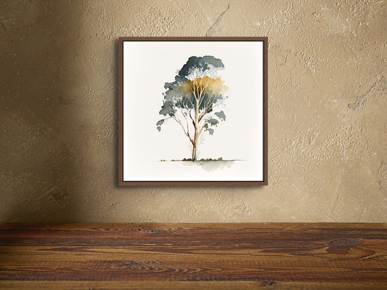 Puede incluir: Una pintura de acuarela enmarcada de un solo &aacute;rbol con un tronco marr&oacute;n y hojas verdes y amarillas sobre un fondo blanco.