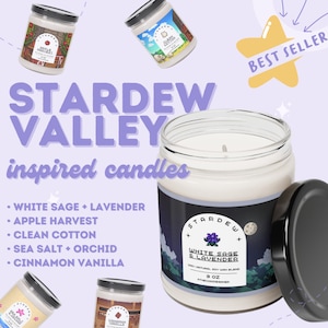 Stardew 9oz Candles | Apple Harvest, Clean Cotton, Sea Salt Orchid, Cinnamon Vanilla, White Sage Lavender | Gaming Desk Decor Valley