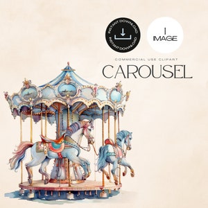 Carrossel de aquarela, DOWNLOAD INSTANTÂNEO, Clipart de chá de bebê em aquarela, Clipart de aniversário, Clipart de carnaval, Clipart de carrossel, Uso comercial