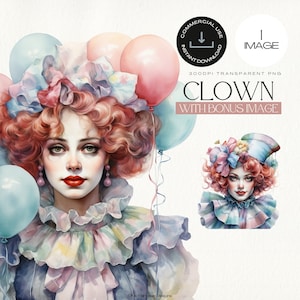 Clip Art de payaso de acuarela, ilustración de payaso, imágenes prediseñadas de carnaval, fiesta de cumpleaños temática de circo, decoración de fiesta de circo IMAGEN ÚNICA + imagen BONUS