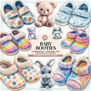 Imágenes prediseñadas de zapatitos de bebé, adorables imágenes de bebés para invitaciones, decoración de guardería, adorable osito de peluche PNG, imágenes prediseñadas de baby shower, imágenes prediseñadas de conejito