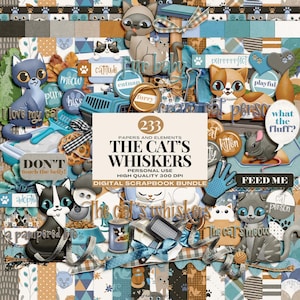 Collection de scrapbooking numérique sur le thème des chats, éphémères de journal indésirable pour les amoureux des animaux, lot imprimable lunatique félin, ensemble de cliparts PNG chaton mignon