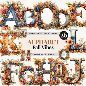 Aquarelle automne Alphabet PNG, lettres personnalisées pour Thanksgiving, fleurs d'automne sur le thème des lettres, Clipart Floral Alphabet d'automne, Alphabet automne PNG