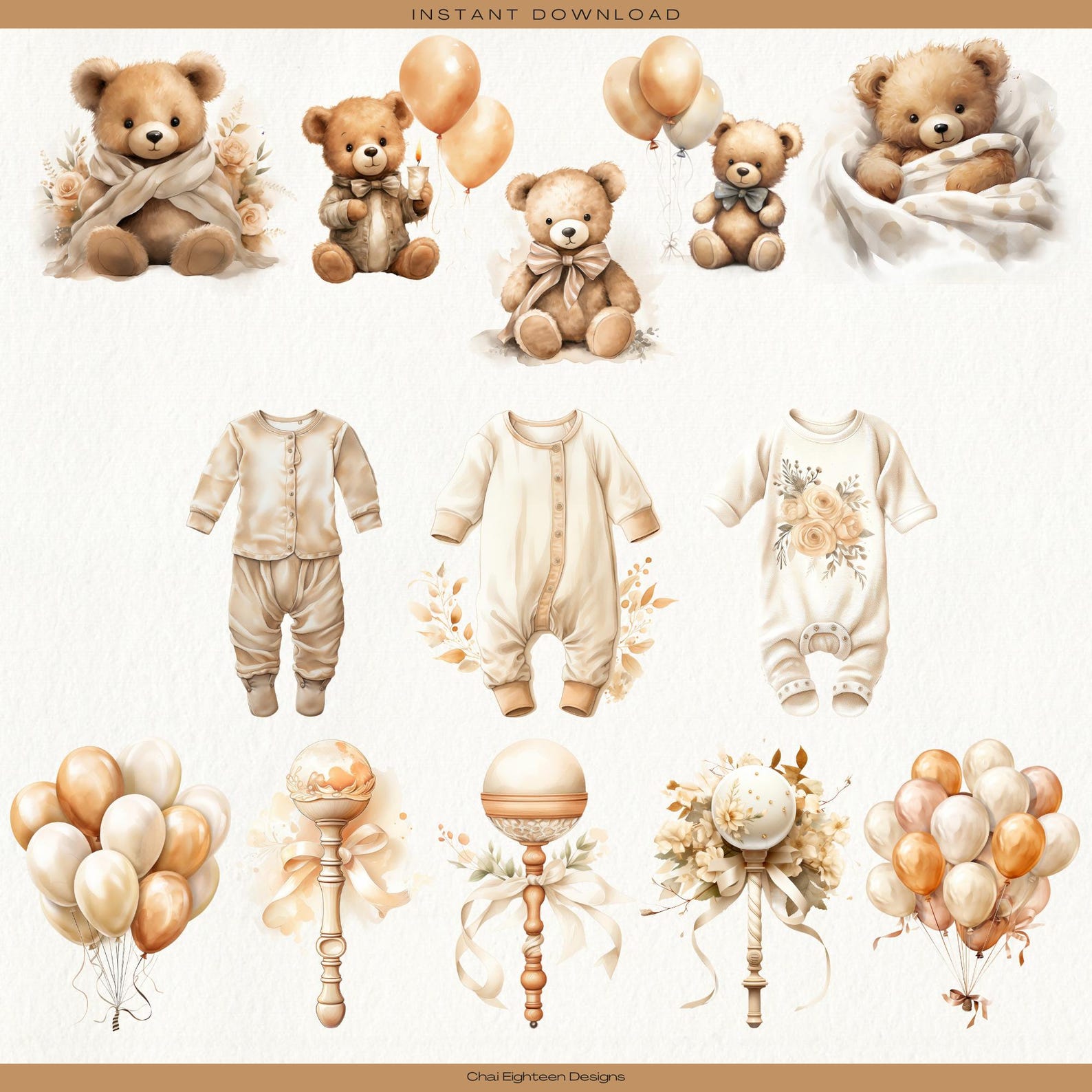 Clipart Balloons Neutral, Gender Neutral Baby Shower Clipart, Teddy ...