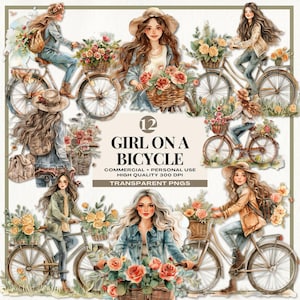 Clipart di ragazza in bicicletta con acquerello, arte di ragazza di città, clipart di donna in bicicletta, ragazza alla moda, ragazza con bicicletta in formato PNG, PNG acquerello per lavori fai da te
