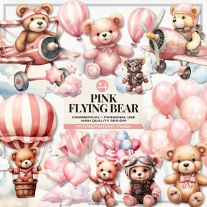 Clipart di un orso volante, orsacchiotto rosa acquerello, mongolfiera, simpatico orso pilota in formato PNG, orsi sugli aerei, palloncini e orsi rosa, arte arcobaleno