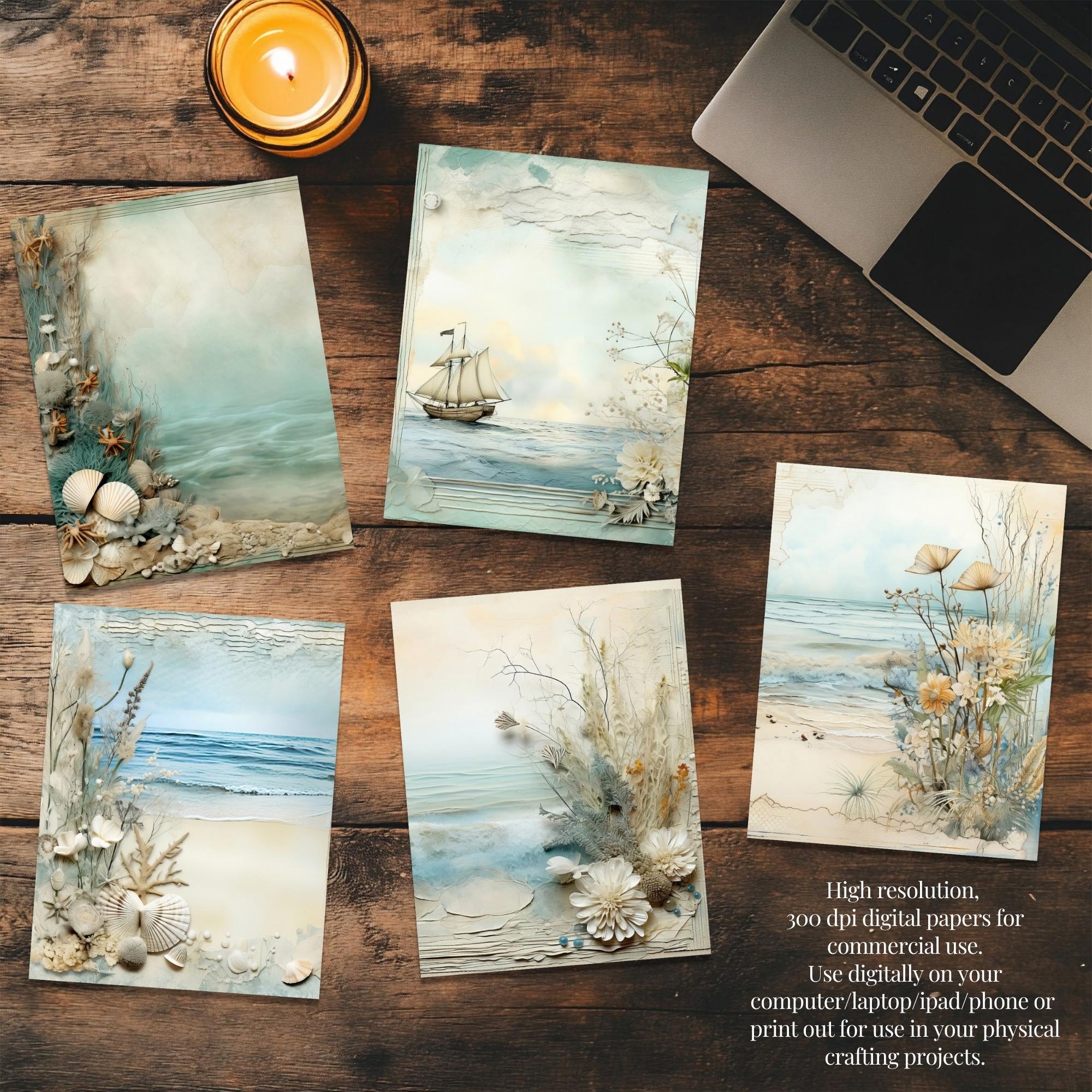 Vintage Coastal Beach Digital Papers, Ocean Scrapbook Backgrounds ...