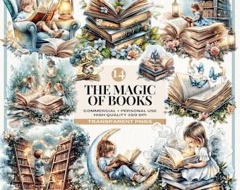 Magische boeken PNG clipart, fantasierijke leessublimatie, grillige sprookjesboekkunst, sprookjesachtige digitale ontwerpen, illustraties van een boekenvriendje