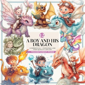 Clipart PNG Un garçon et son dragon, illustration fantastique, décoration fantaisiste pour enfants, personnages mythiques mignons, invitation de conte de fées magique