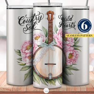 Emballage pour gobelet banjo country soul, emballage pour banjo sur le thème de la musique country, 20 oz, motif floral banjo et pivoine, musique country png thumbnail