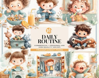 Morning Routine Clipart Png, Kids Chore Chart Graphics, Watercolor Daily Routine Tracker for Kids, Everyday Self-Care Visual Schedule