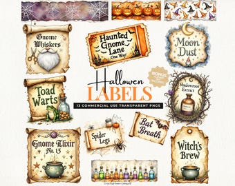 May include: A collection of watercolor Halloween labels with various spooky themes. Designs include "Gnome Whiskers," "Toad Warts," "Moon Dust," and "Witch's Brew." The text "Halloween Labels" is prominently displayed.