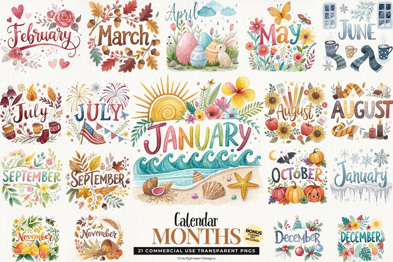 Months of the Year Clipart, Whimsical Seasonal Calendar Png, Digital ...