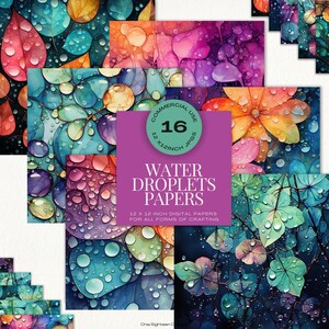 Gocce d'acqua Carte digitali, Sfondi vivaci con gocce di pioggia, Carta per scrapbooking con gocce d'acqua arcobaleno, Immagini di diario spazzatura con gocce di pioggia primaverile