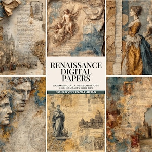 Renaissance Junk Journal Papers, vintage ephemera voor creatieve projecten, afdrukbare digitale plakboekbenodigdheden, middeleeuwse jurkachtergronden