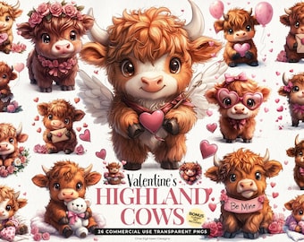 Valentine Highland Baby Cow Clipart, Love and Romance, Digital Download