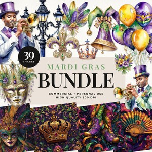Lot de cliparts et papiers de Mardi Gras, cliparts masque de fête, illustrations de voyage à la Nouvelle-Orléans, décoration et faire-parts de carnaval de Mardi Gras