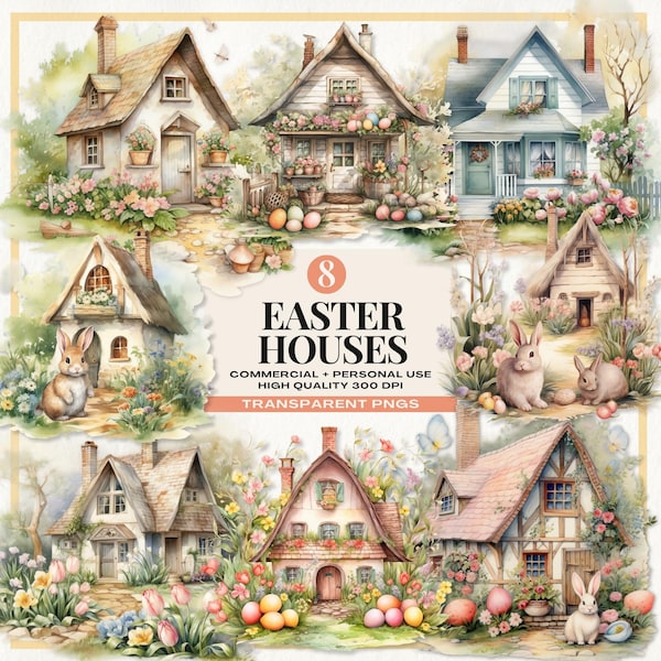 Imágenes prediseñadas de cabaña de Pascua, gráficos de bosque encantado, casa de búsqueda de huevos de Pascua (PNG), diseños de cabañas acogedoras, imágenes festivas de acuarela