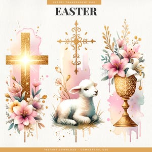 Religiöse Ostern Pinselstriche PNG, Christliche Karwoche Lamm Gottes Sublimation, Glaube T-Shirt PNG, Goldkreuz und Kelch Illustration