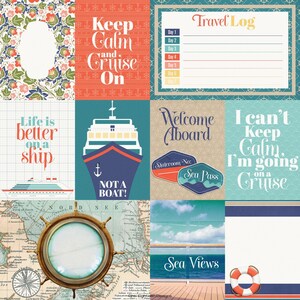 Pu&ograve; includere: Un set di carta digitale per scrapbooking a tema nautico. Le carte presentano una variet&agrave; di disegni, tra cui una nave da crociera, una bussola, un salvagente e testo che dice "Keep Calm and Cruise On", "Life is Better on a Ship", "Welcome Aboard", "I Can't Keep Calm, I'm Going on a Cruise", e "Sea Views".