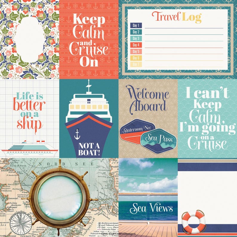 Pu&ograve; includere: Un set di carta digitale per scrapbooking a tema nautico. Le carte presentano una variet&agrave; di disegni, tra cui una nave da crociera, una bussola, un salvagente e testo che dice "Keep Calm and Cruise On", "Life is Better on a Ship", "Welcome Aboard", "I Can't Keep Calm, I'm Going on a Cruise", e "Sea Views".