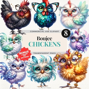 Clipart di polli glamour, illustrazione di galline esilaranti ad acquerello PNG, design digitale di pollo Boujee, grafica di pulcini dei cartoni animati, clipart BONUS