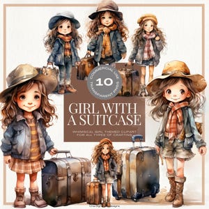 Chica con maleta Clipart, Chica de moda, Acuarela Travel Girl Clip Art, Vacaciones y Vacaciones, Equipaje, Uso Comercial, DESCARGA INSTANTE