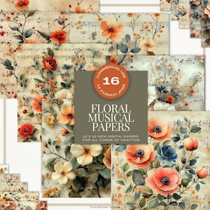 Papeles digitales con notas musicales y flores para imprimir, papeles para álbumes de recortes con flores y partituras, superposiciones para diarios basura, papeles florales digitales