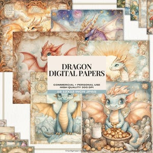 Papier numérique bébé dragon, arrière-plans sur le thème de la fantaisie, aquarelle du monde antique, travaux manuels de conte de fées pour enfants, pages numériques fantaisistes