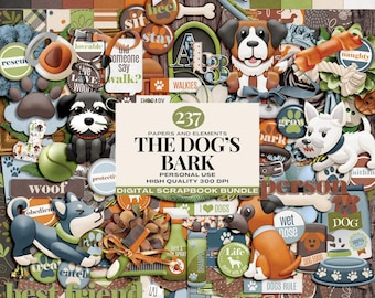 Pacchetto digitale per scrapbooking per amanti dei cani, carte per album di ricordi di animali domestici, kit di clipart per cani, set per scrapbooking di cuccioli, materiale effimero dedicato al migliore amico dell'uomo.