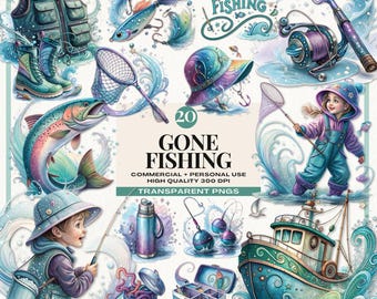 Fishing Tackle Watercolor Clipart, Gone Fishing PNG Collection, Cute Kids Fishing Illustrations, Rustic Outdoor Hobby Graphics for Crafting