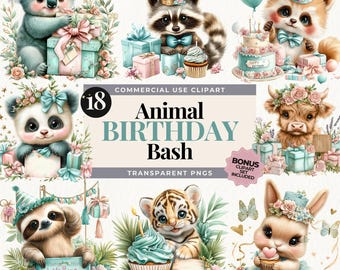 Waldtier Geburtstag Clipart: Waldparty-Dekor, 18 transparente PNGs, digitaler Download