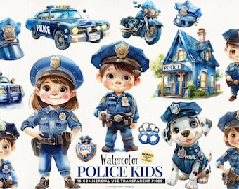 Police Kids Clipart, Watercolor Children Law Enforcement PNG Bundle, Digital Download