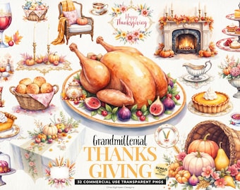 Thanksgiving Clipart: 32 Cottagecore Autumn Graphics, Digital Download
