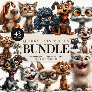 Schrulliges Katzen und Hund Clipart Bundle, wunderliche Katzen und Hunde Clip Art, Planer Clipart, niedliches schrulliges Tier Sublimation, lustige Tiere Clipart
