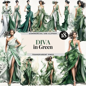 Diva en vert Fashion Clipart PNG, 18 femmes élégantes en robes vertes, PNG élégants pour les planificateurs et l'image de marque, Illustrations de mode couture