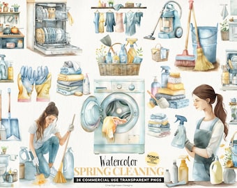 Spring Clean Clipart, Watercolor Housekeeping Clip Art, Cleaning Supplies, Fresh House Images, Organizing Clipart, Spring Cleaning Graphics