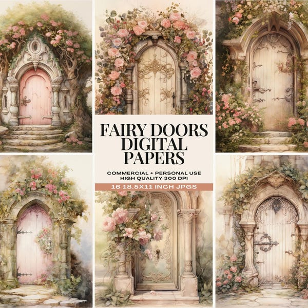 Fondo digital de puertas de hadas, imprimibles de fondo de jardín de hadas caprichoso, diario de recortes de jardín secreto de hadas encantado estilo cottagecore