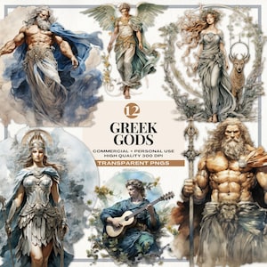 Bundle di clipart di divinità greche ad acquerello, illustrazioni a tema mitologico, creature mitologiche in formato png a sublimazione, download digitale dell'antica Grecia