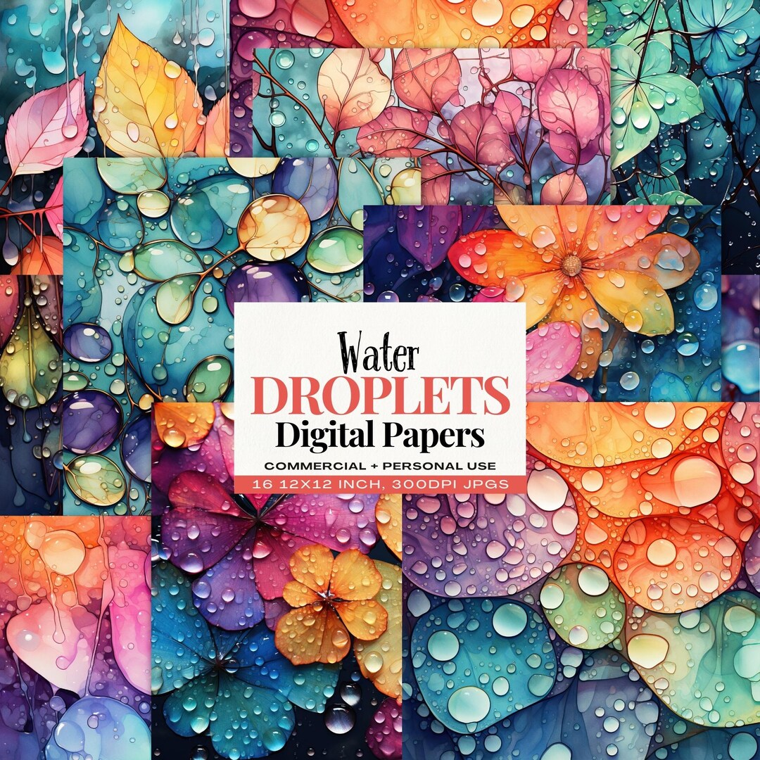 Water Droplets Digital Papers: 16 Wet Floral and Leaf Backgrounds ...