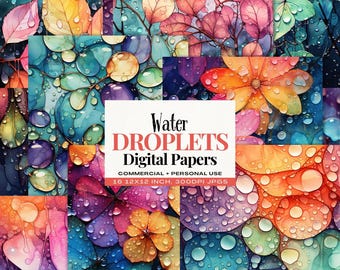 Water Droplets Digital Papers: 16 Wet Floral and Leaf Backgrounds, 12x12 JPGs, Digital Download
