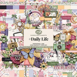 Könnte beinhalten: Ein digitales Scrapbooking-Set mit 258 Papieren und Elementen. Das Set bietet eine Vielzahl von Farben, Mustern und Designs, darunter Blumen, Schmetterlinge, Kameras, Uhren und Text. Das Set trägt den Titel "#Daily Life" und ist für den persönlichen Gebrauch bestimmt.