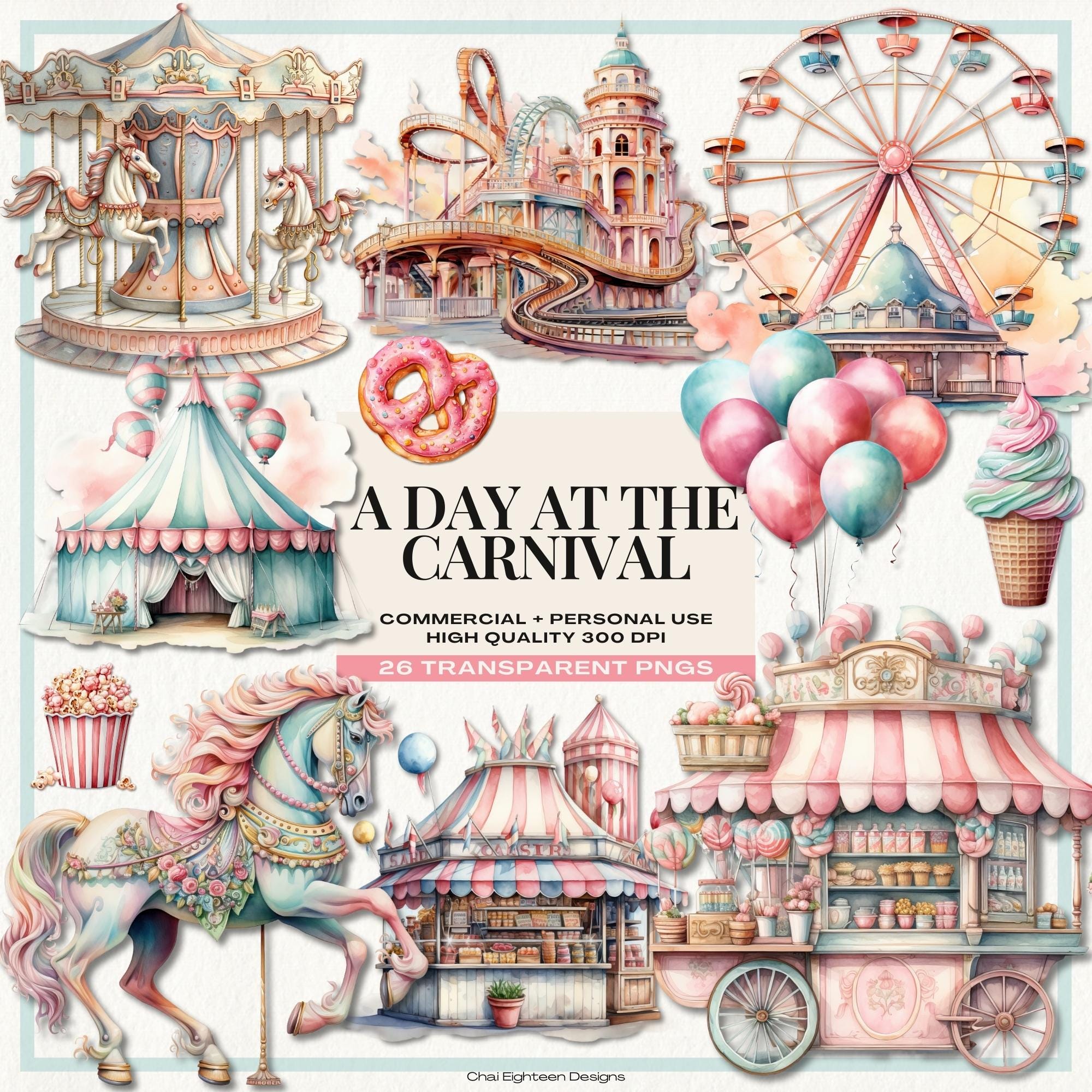 Pastel Carnival Clipart Carousel Clip Art Amusement Park Funfair Elements Watercolor Fairground Carousel Amusement Rides Food Stall Vendors