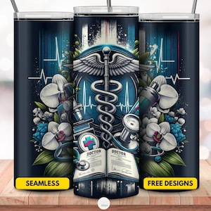 Médico 20oz Skinny Tumbler Wrap, Caduceus Seamless Sublimation, Download de PNG para profissional de saúde, presente para herói de primeiros socorros