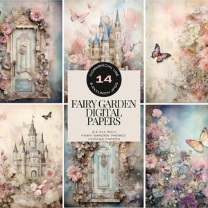 Fairy Garden Junk Journal Seiten, Fairy Garden Türen Hintergründe, Verzauberte Feenschlösser Papiere, Schmetterlinge Verzauberte Welt druckbare Papiere