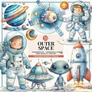 Clipart espace aquarelle astronaute, fête d'anniversaire de l'espace, clipart espace, décoration de chambre d'enfant, planètes Png, usage commercial, téléchargement immédiat